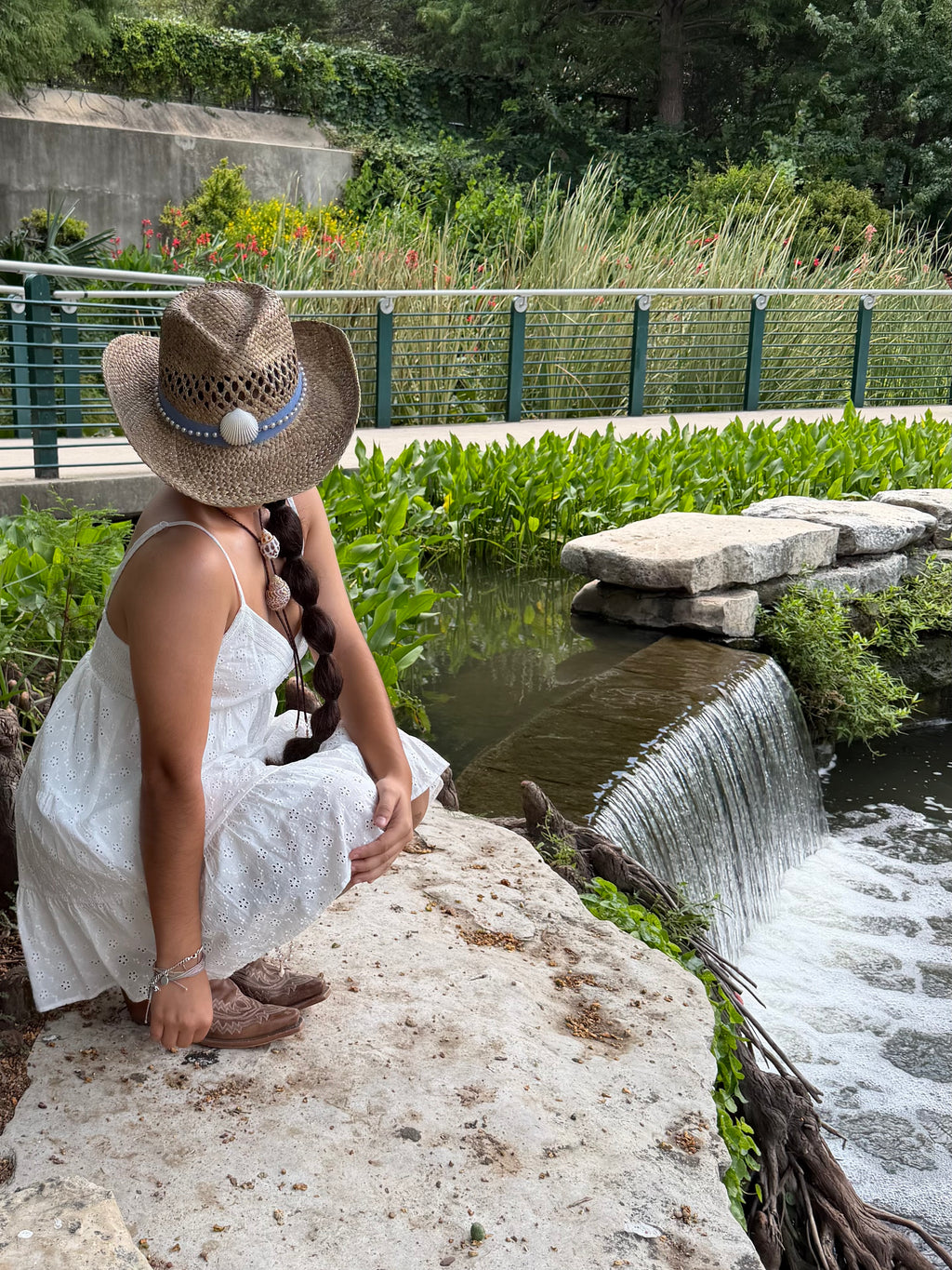Straw Cowboy Hat with White Shell & Pearl Chain Accent