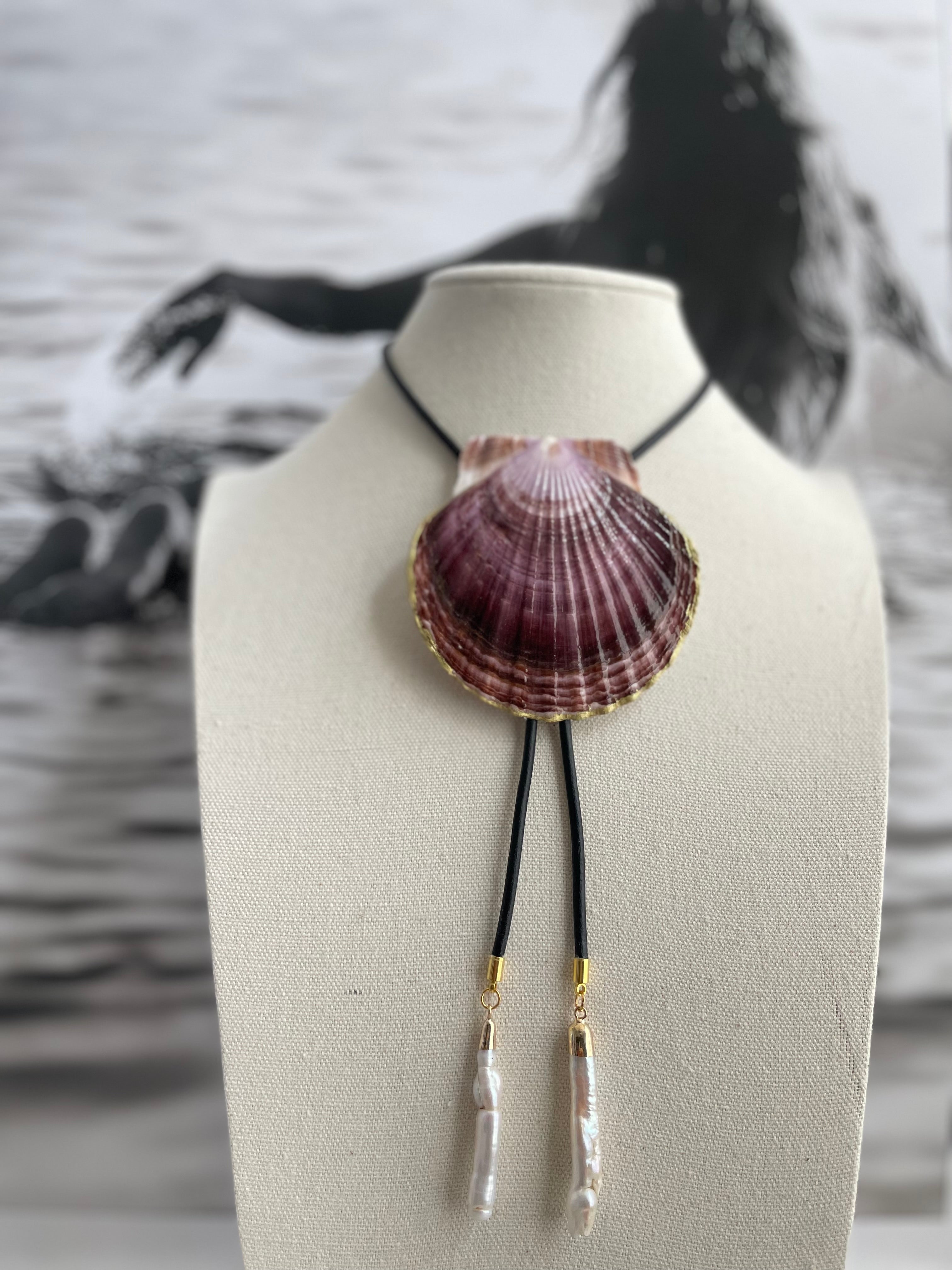 Purple Clam Shell Bolo with Black Cord & Pearl Tips