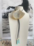 Mother of Pearl Bolo with Brown Cord & Aqua Stone Tips
