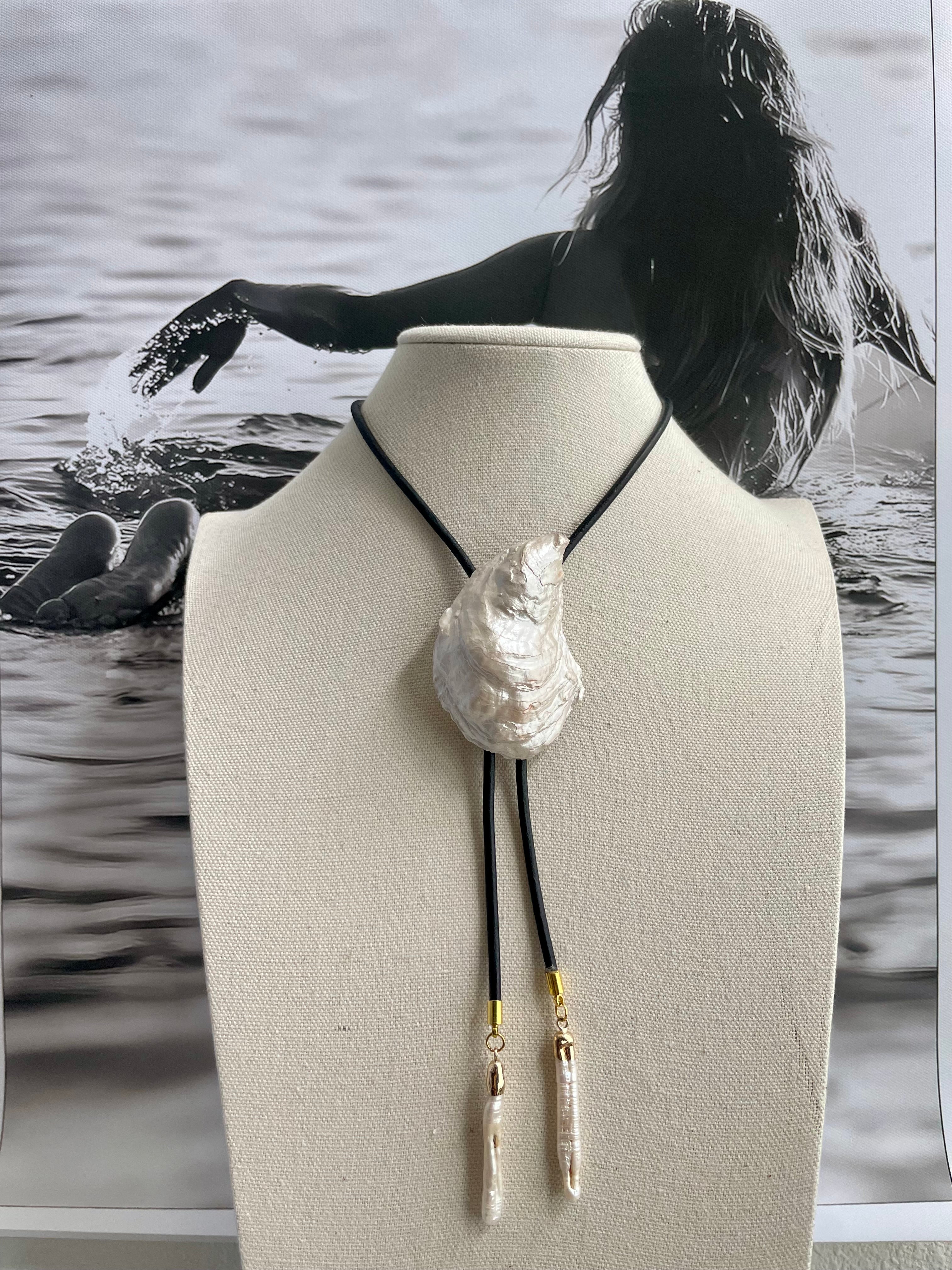 Pearl Oyster Shell Bolo with Black Cord & Pearl Tips