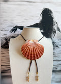 Flat Irish Shell Bolo Tie with Brown Cord & Tan Jasper Stone