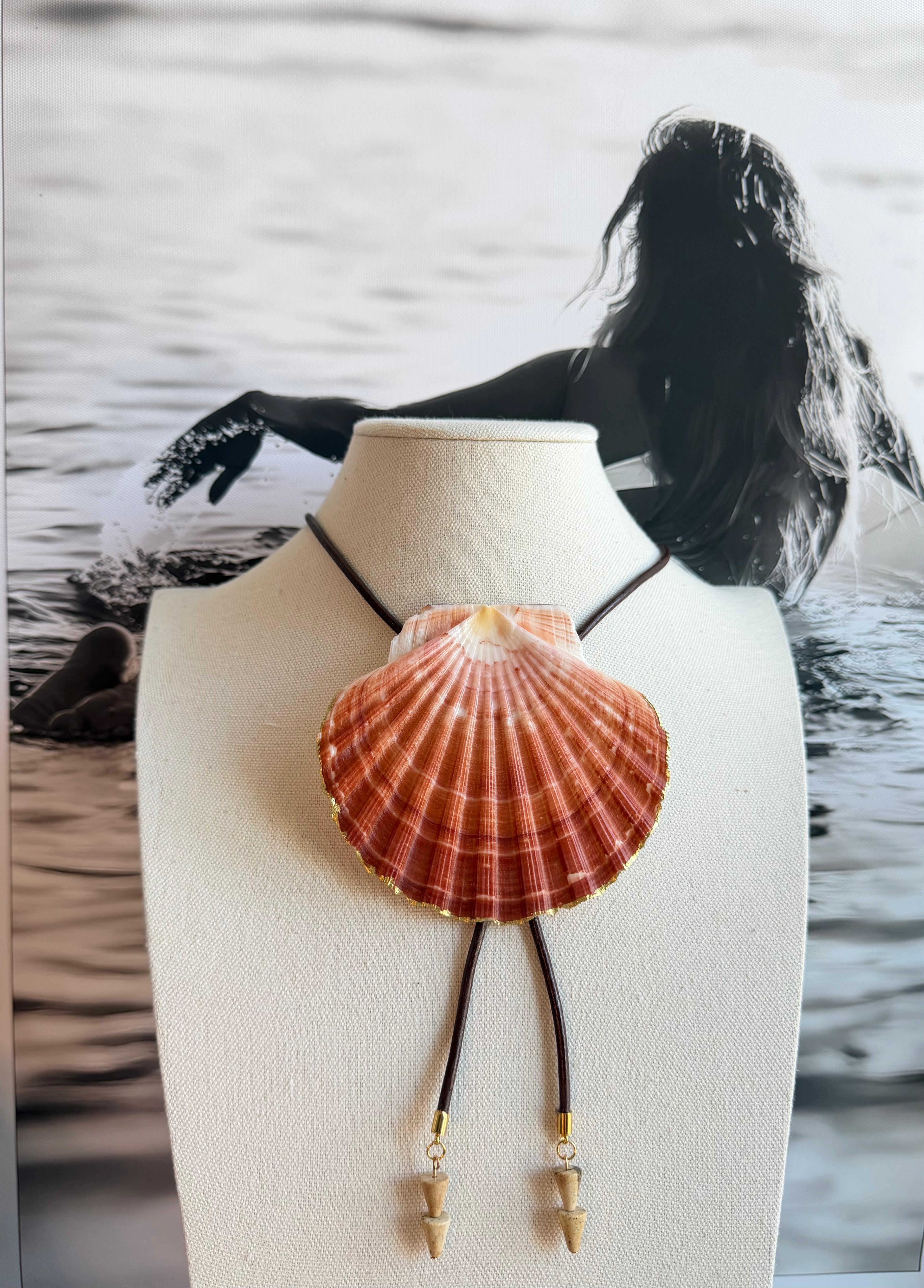 Flat Irish Shell Bolo Tie with Brown Cord & Tan Jasper Stone