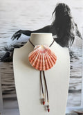Irish Flat Shell Bolo Tie with Brown Leather Cord & Jasper Stone Tips