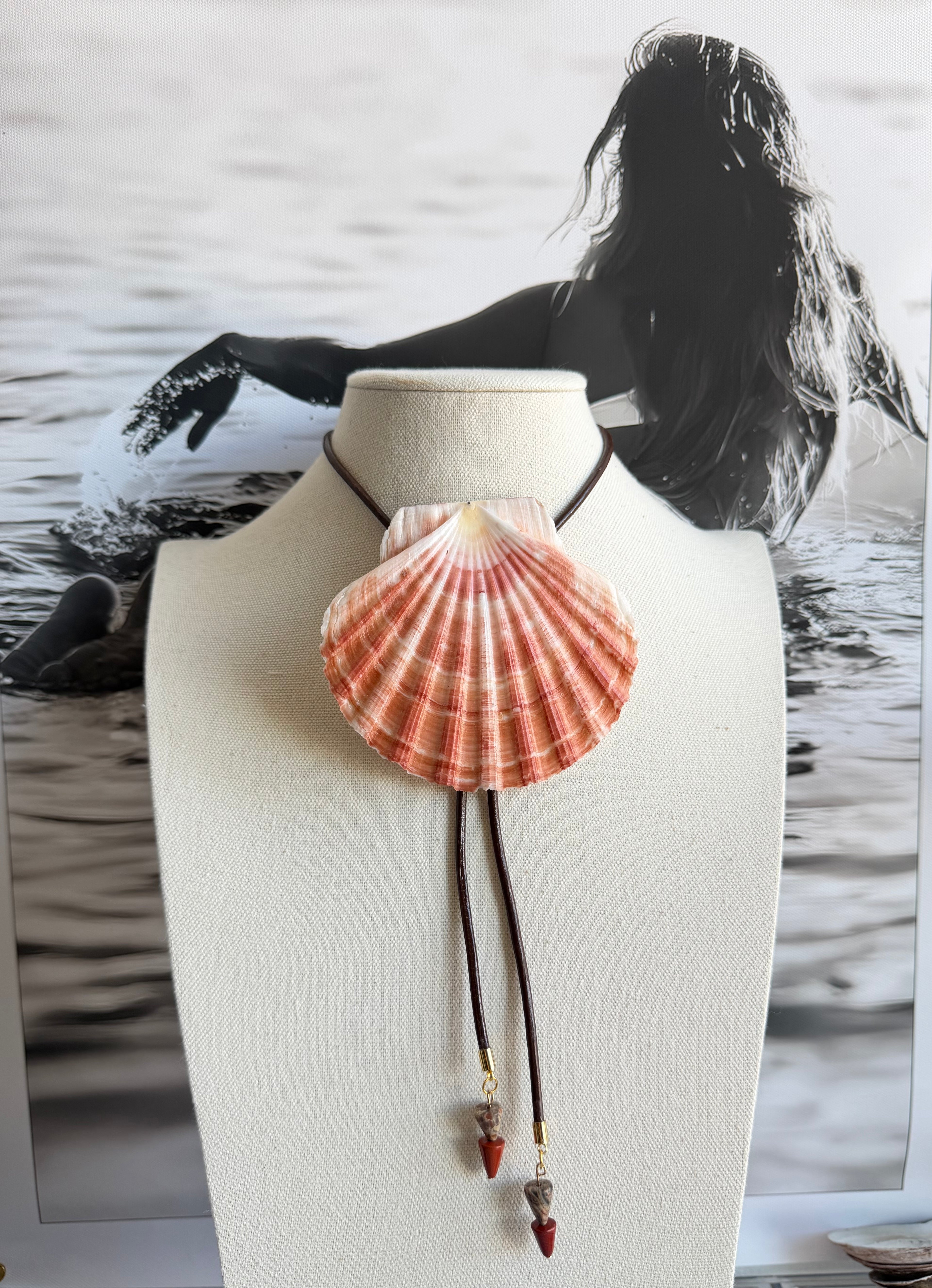 Irish Flat Shell Bolo Tie with Brown Leather Cord & Jasper Stone Tips