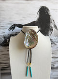 Abalone Bolo Tie with Black Braided Cord & Aqua Stone Tips
