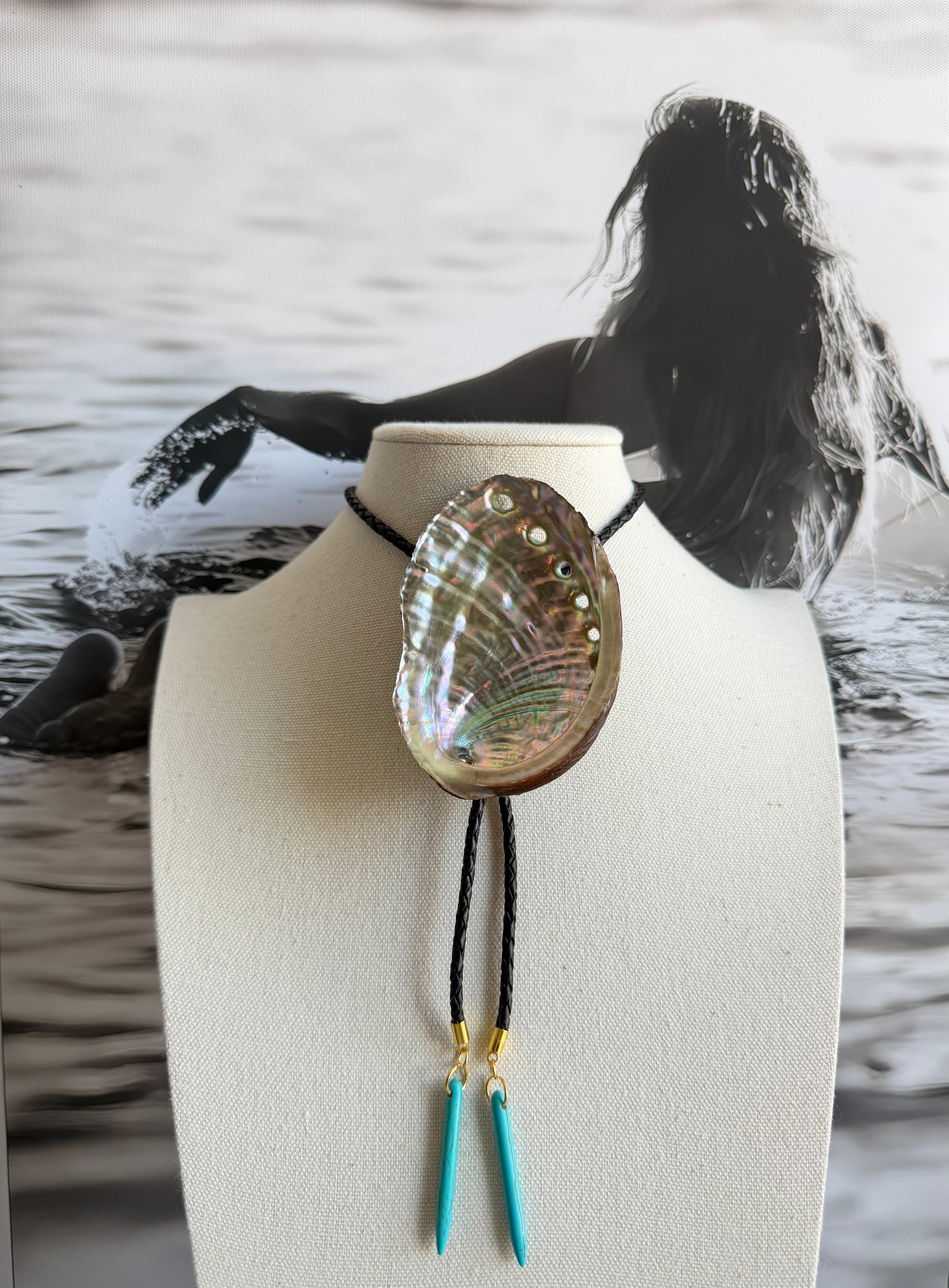 Abalone Bolo Tie with Black Braided Cord & Aqua Stone Tips