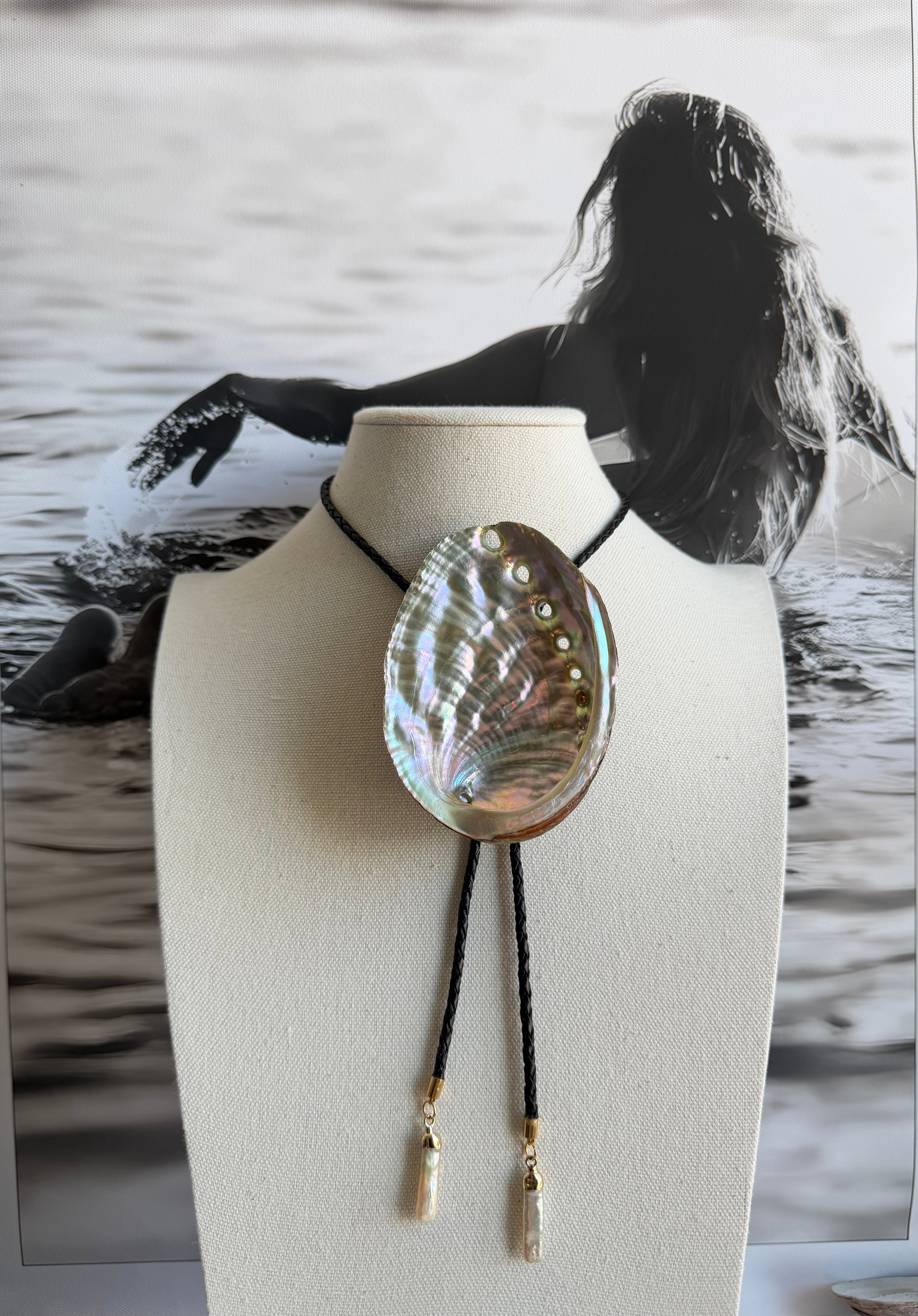 Abalone Shell Bolo Tie with Black Braided Cord & Pearl Tips