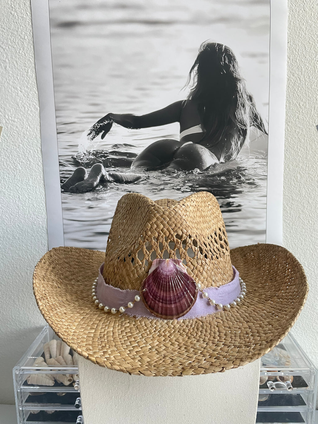 Straw Cowboy Hat with Purple Clam Shell & Pearl Chain Accent