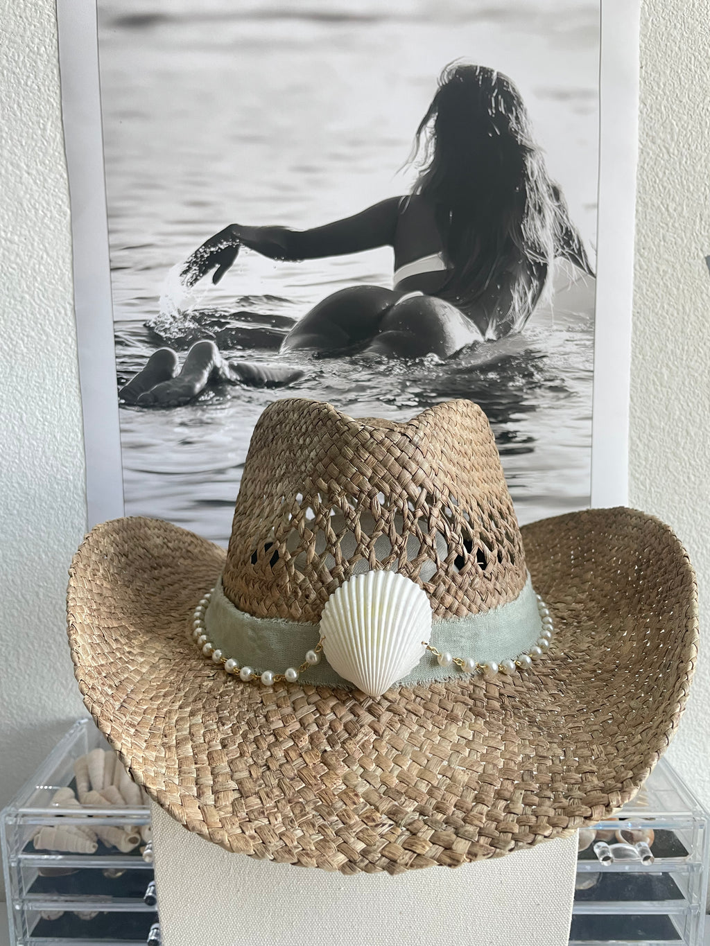 Straw Cowboy Hat with White Shell & Pearl Chain Accent