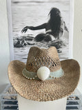 Straw Cowboy Hat with White Shell & Pearl Chain Accent
