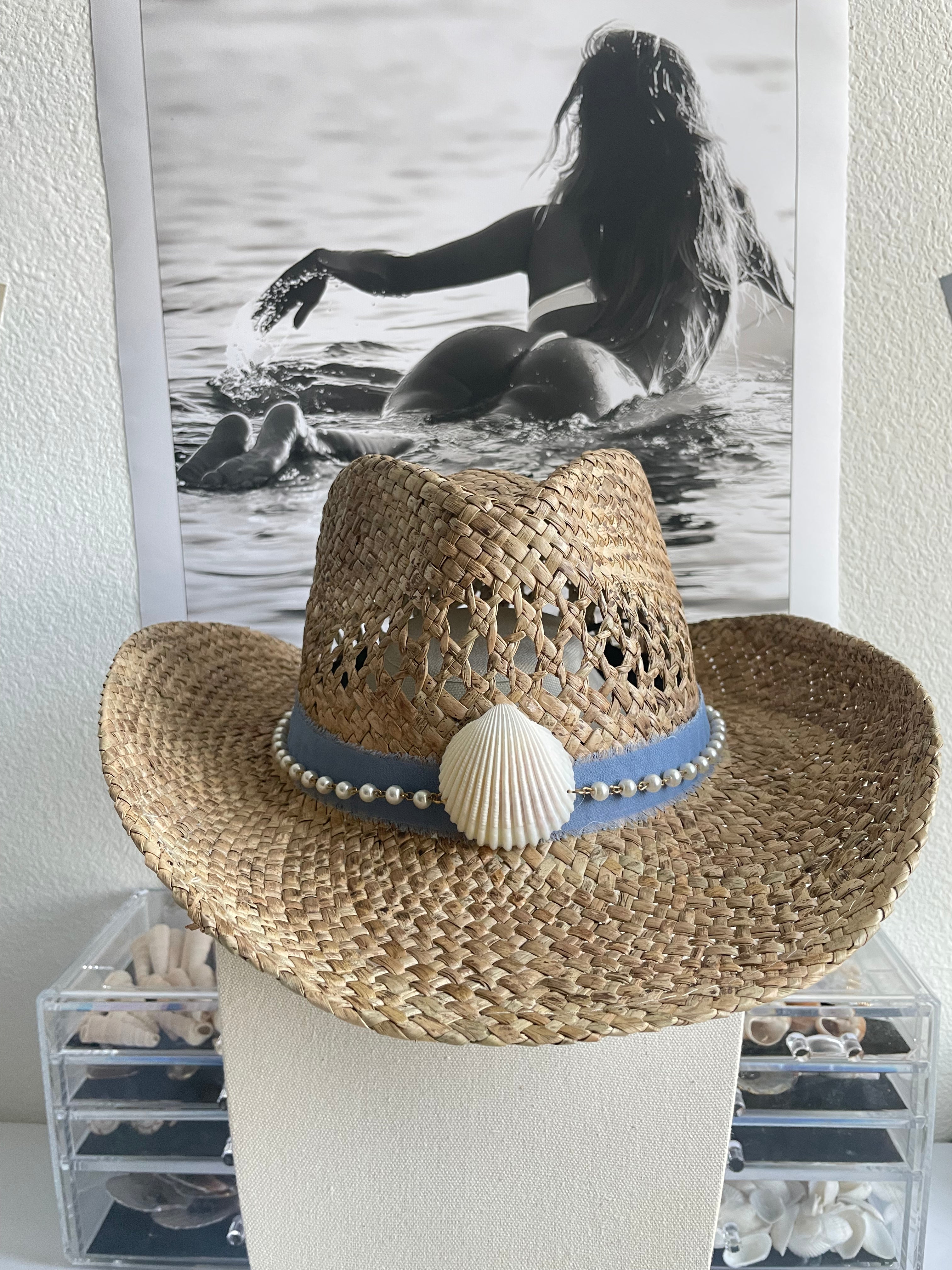 Straw Cowboy Hat with White Shell & Pearl Chain Accent