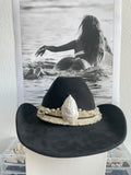 Black Cowboy Hat with Oyster Shell & Pearl Chain Accent