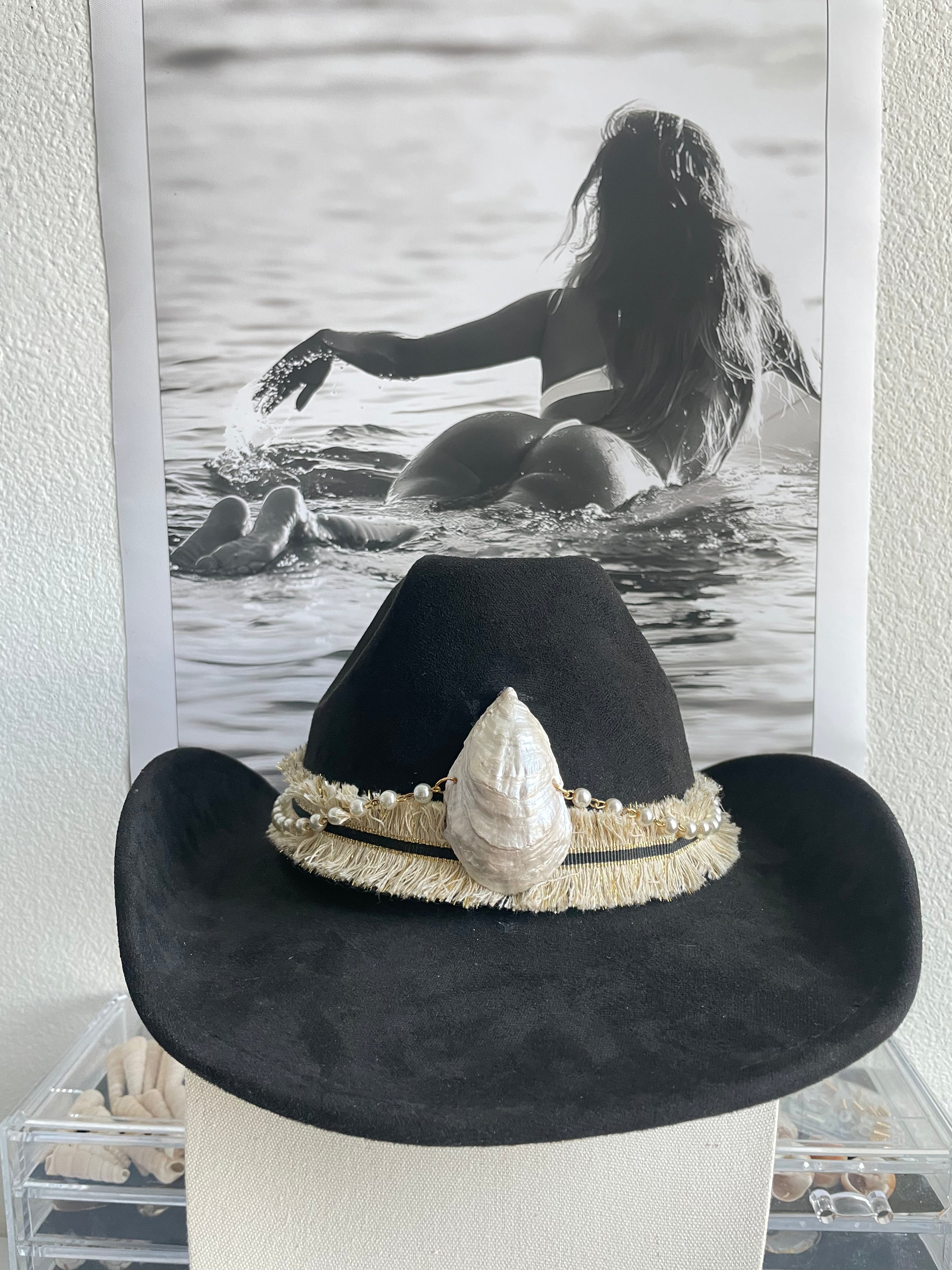 Black Cowboy Hat with Oyster Shell & Pearl Chain Accent