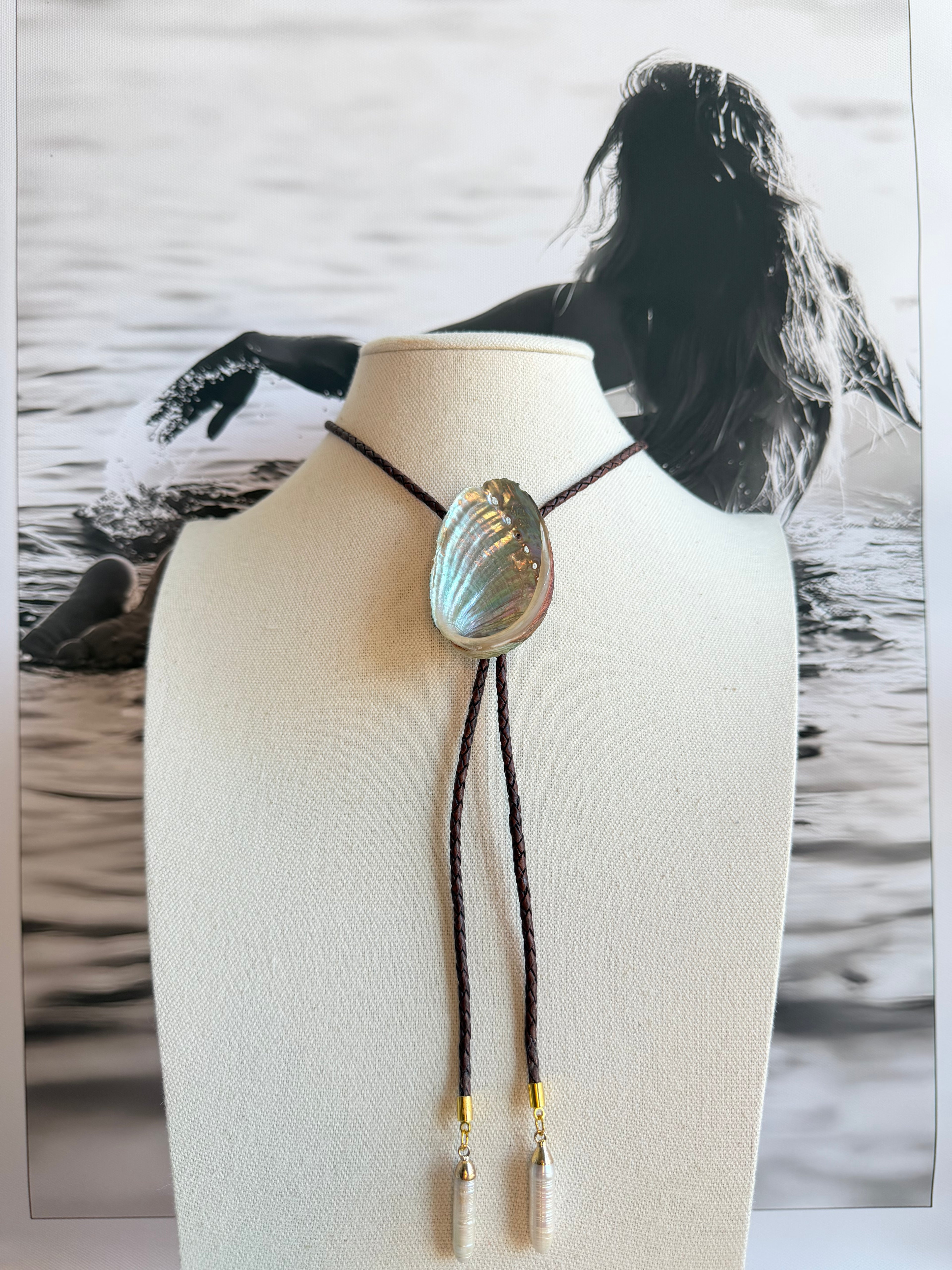 Abalone Shell Bolo with Braided Brown Cord & Pearl Tips