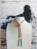 Olive Letter Shell Bolo with Brown Braided Cord & Aqua Stone Tips