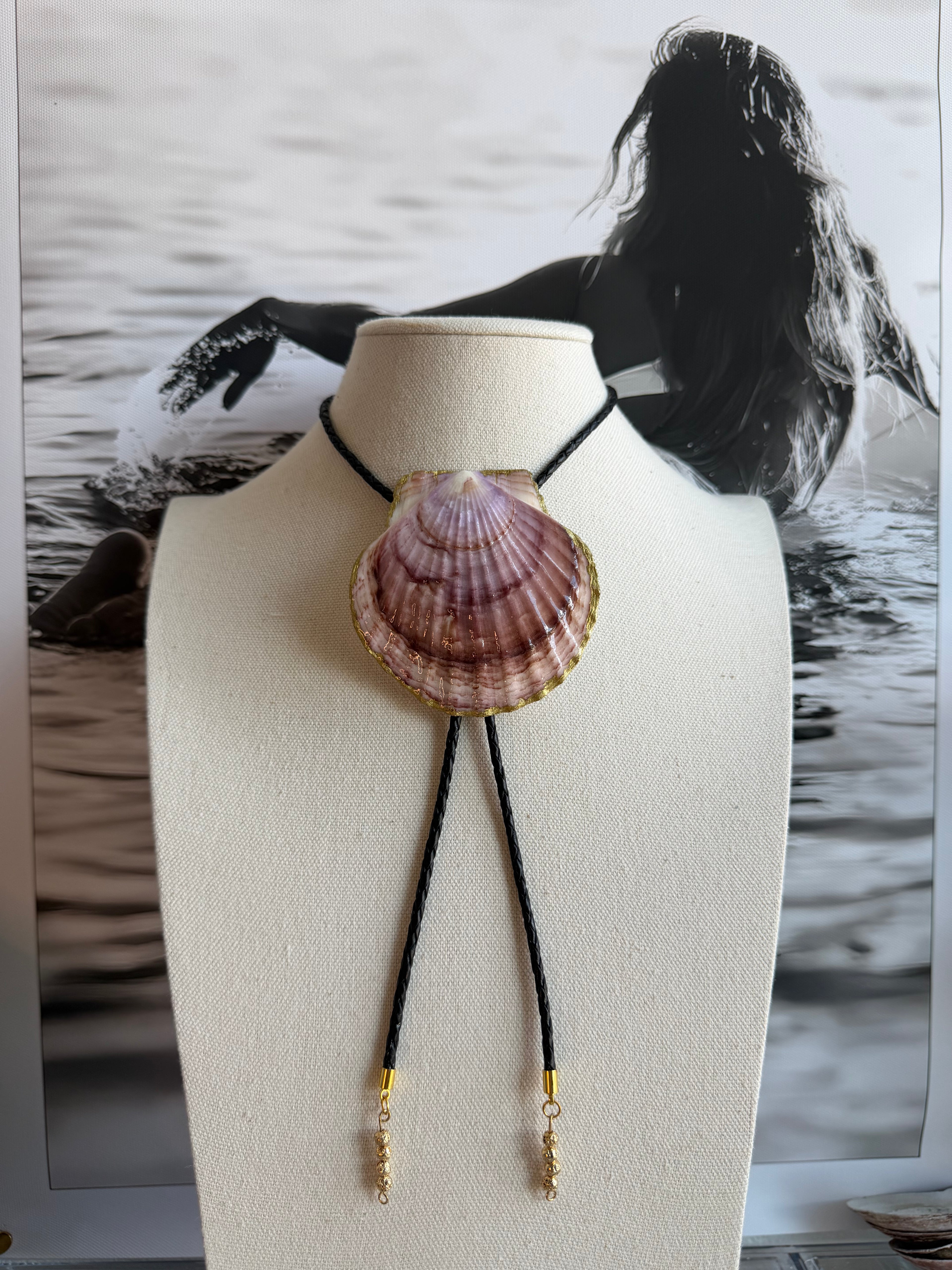 Purple Clam Shell Bolo Tie with Braided Black Cord & Gold Beaded Tips