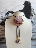 Purple Clam Shell Bolo Tie with Black Leather Cord and Cowrie Shell Tips