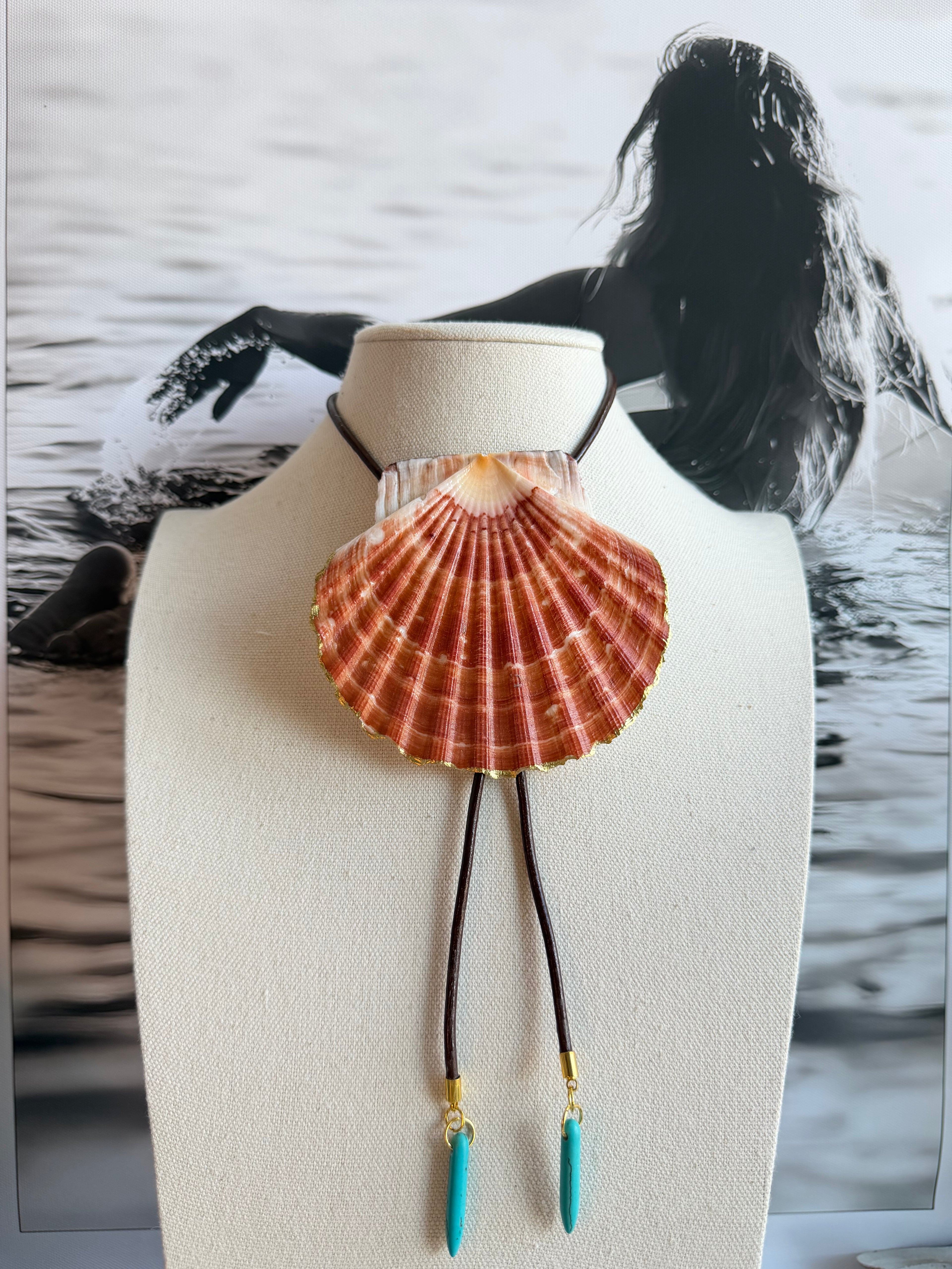 Flat Irish Shell Bolo Tie with Brown Leather Cord & Aqua Stone Tips