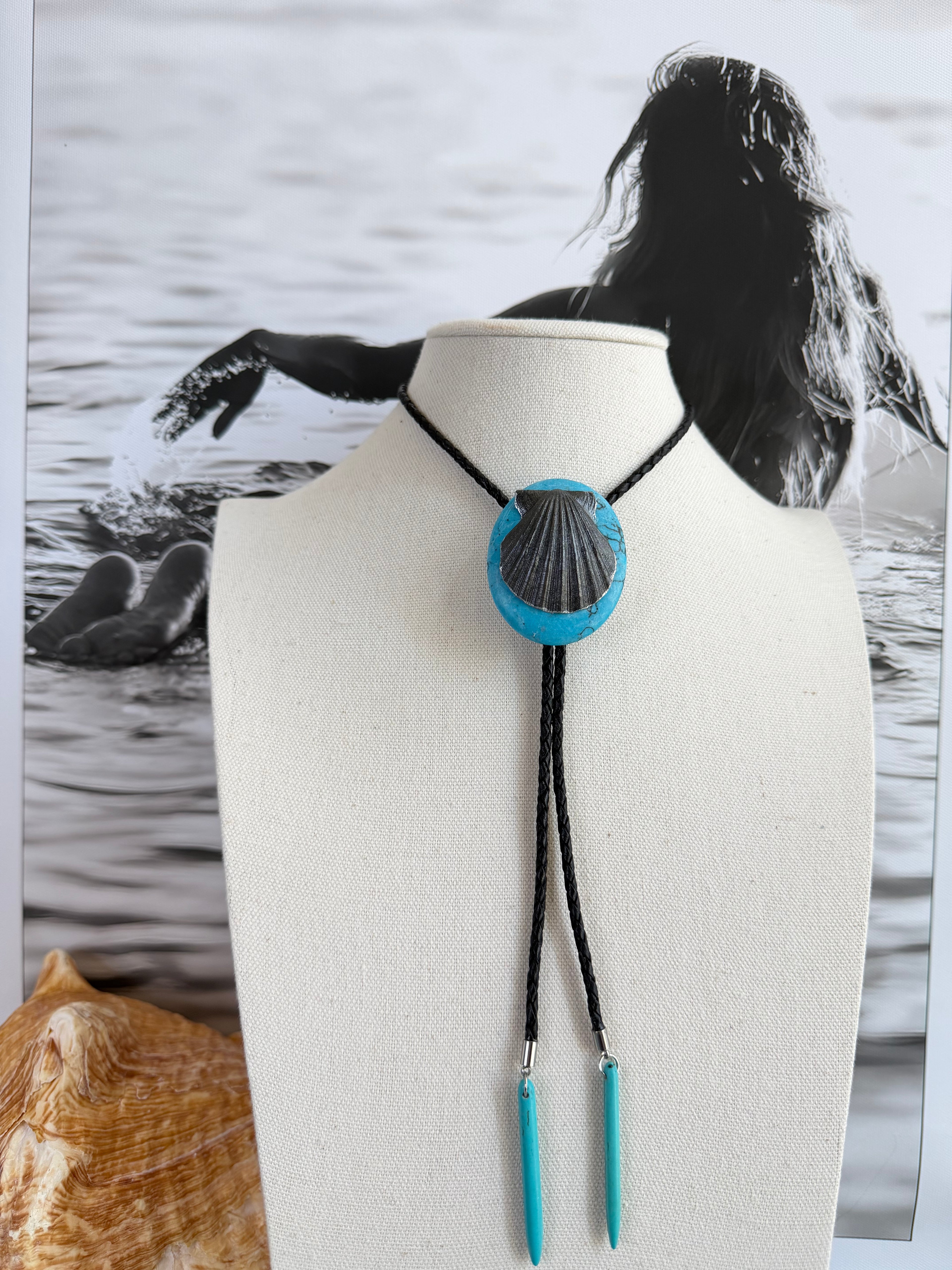 Aqua Stone with Natural Shell & Black Braided Cord