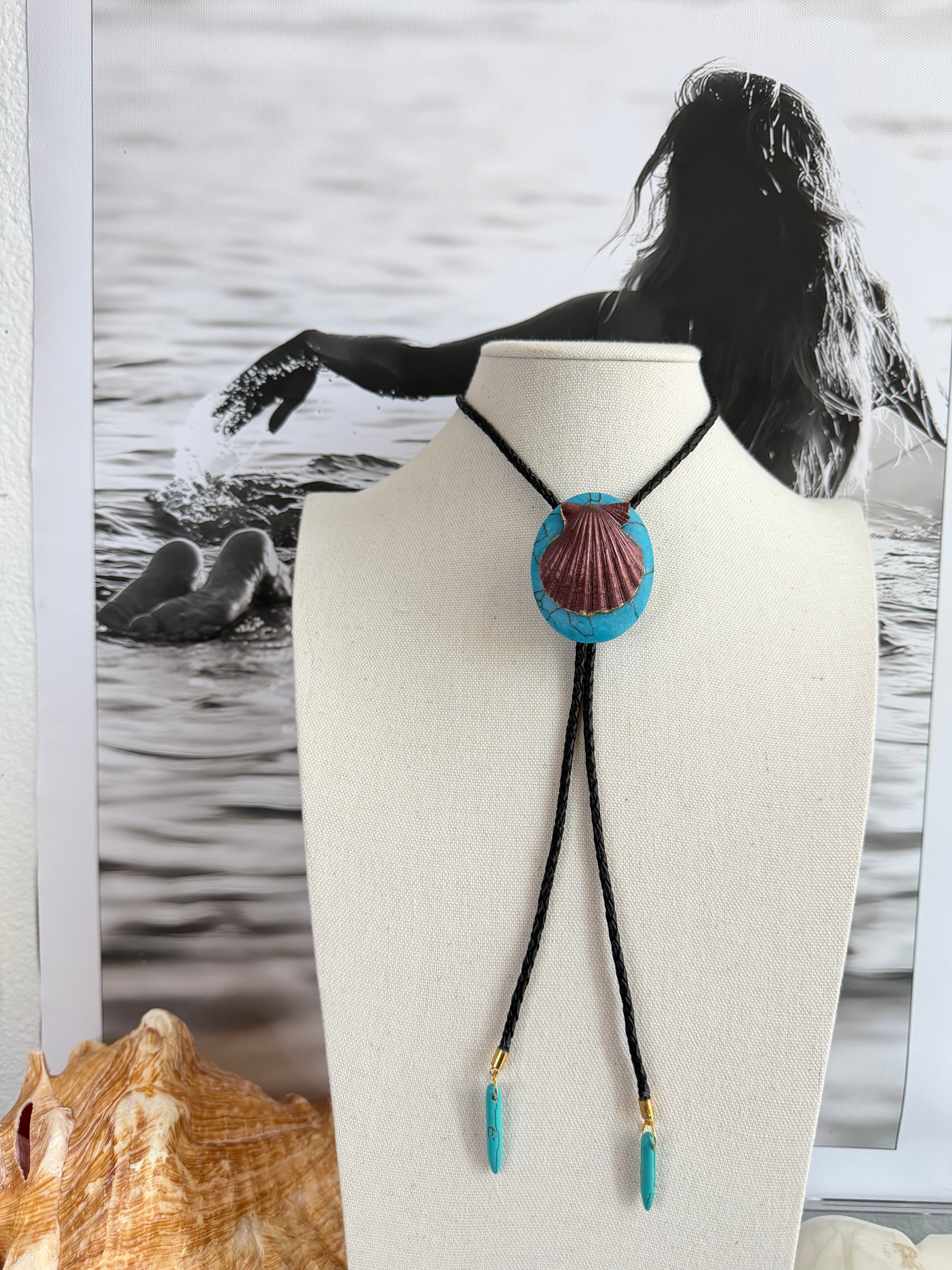 Aqua Stone with Purple Pearlized Shell & Black Braided Cord
